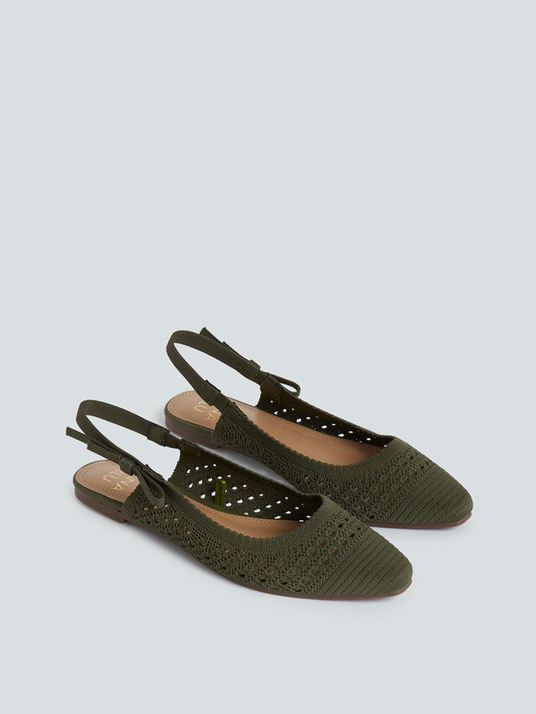 LUNA BLU Olive Knit-Detailed Slingback Flats